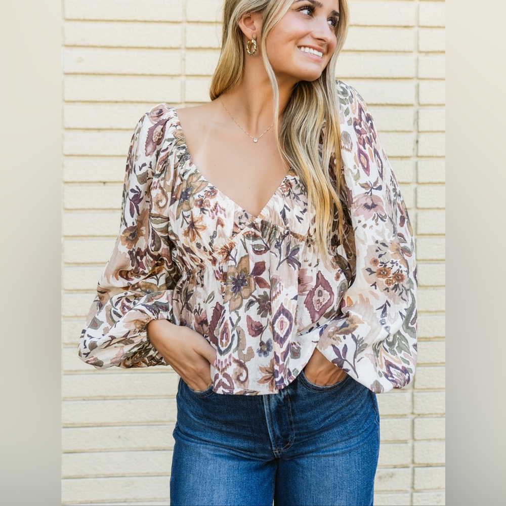 Women sz‎ M brown floral V-Neck Long Sleeve Flutter Top stretch bust babydoll